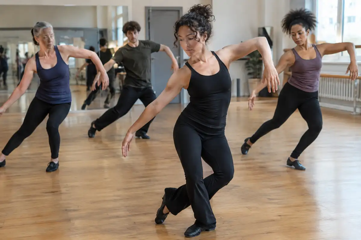 Des danseurs répètent une phrase de modern jazz en diagonale dans un studio, en tenue souple et chaussons de danse.