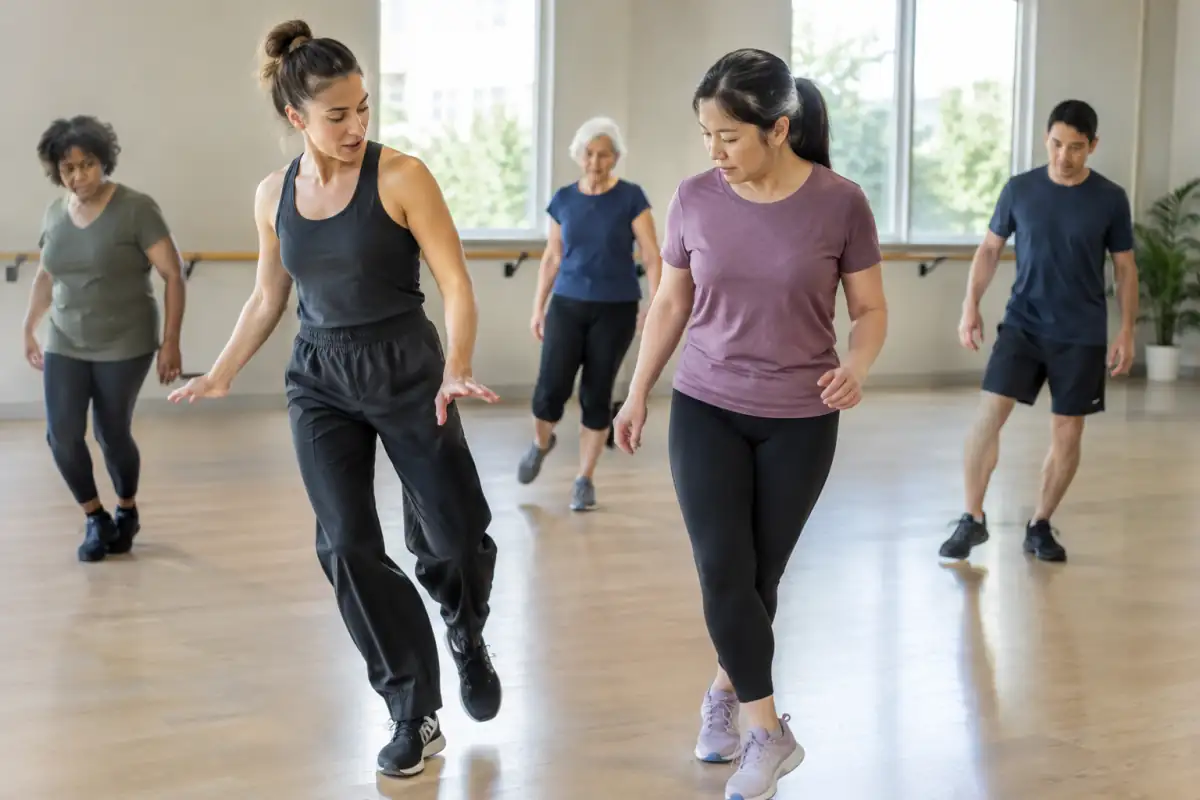 Un adulte débutant observe un pas latéral pendant son premier cours de modern jazz dans une salle de danse lumineuse.