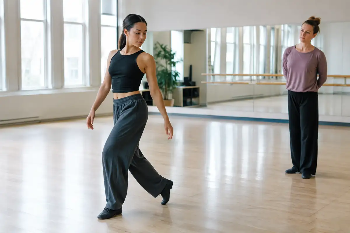 Danseuse travaillant un transfert d’appui en modern jazz sous le regard attentif de son professeur dans un studio dégagé.