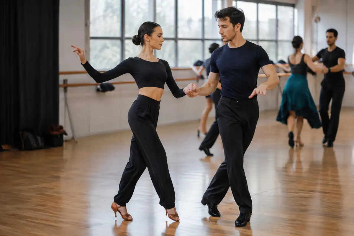Couple exécutant un pas chassé de cha-cha-cha en chaussures de danse dans une salle de danse sportive.