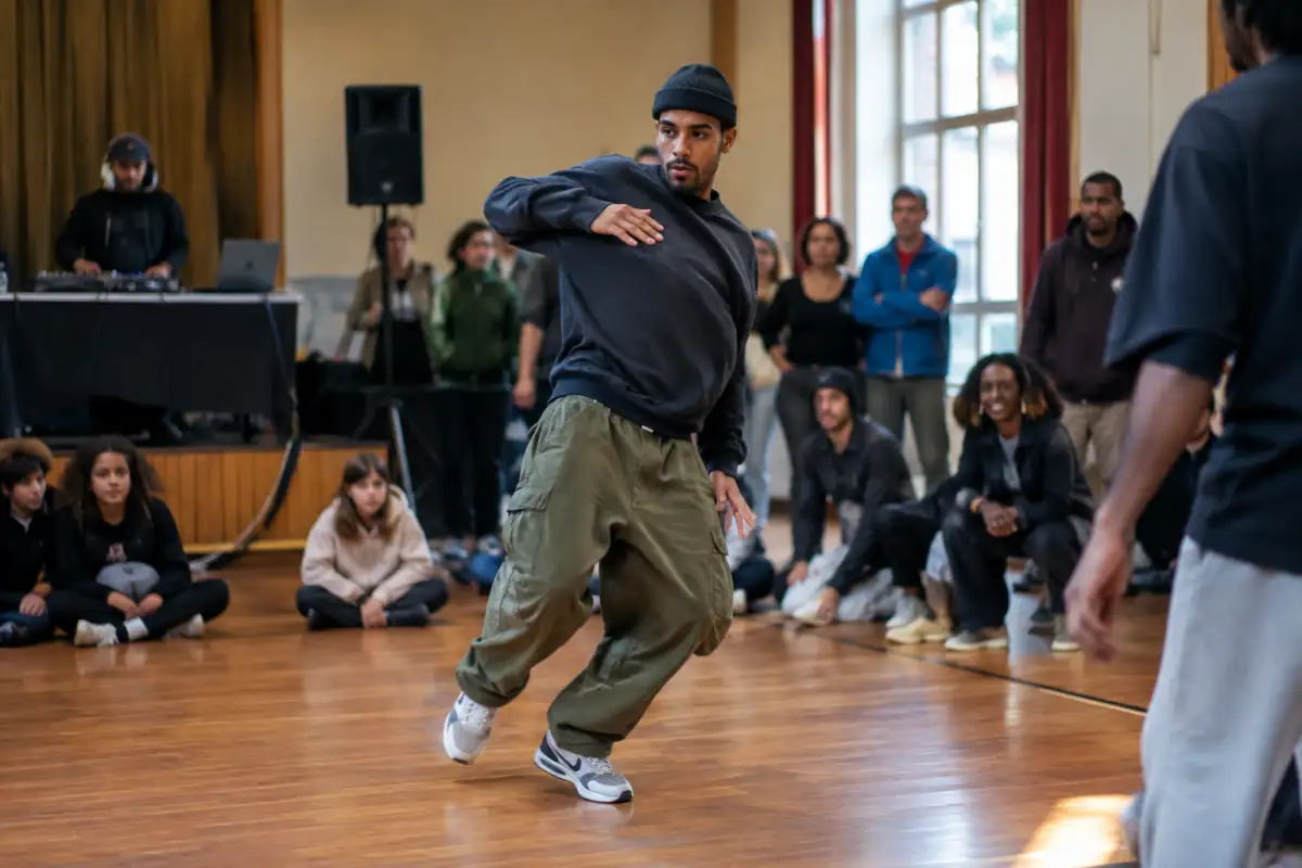 Danseur de popping improvise un mouvement de bras au centre d’un cercle de battle dans une salle de danse.