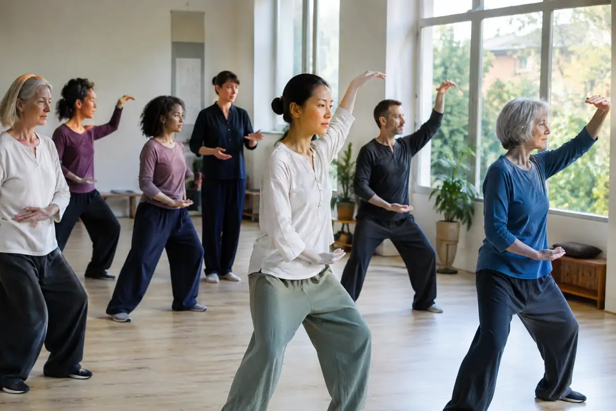 Des pratiquants exécutent lentement un mouvement de bras et de transfert d’appui lors d’un cours de daoyin en salle.