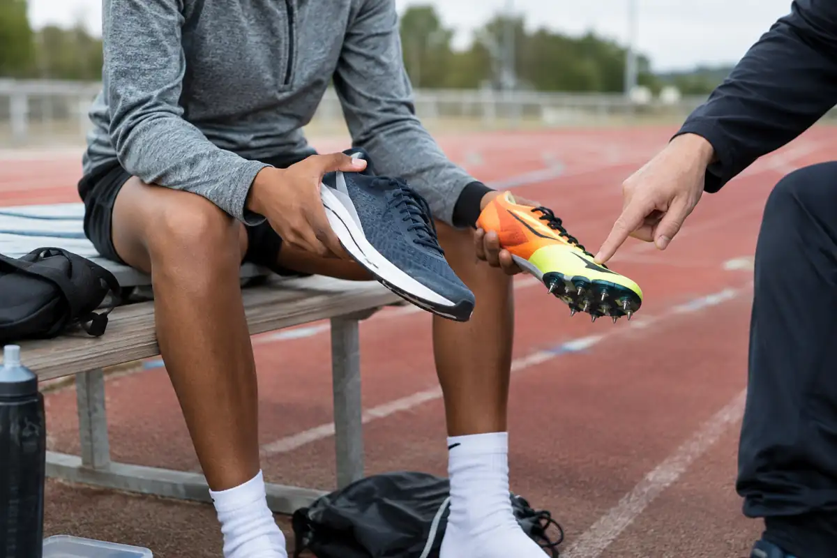 Une paire de chaussures de running et des pointes de demi-fond comparées au bord d’une piste d’athlétisme.