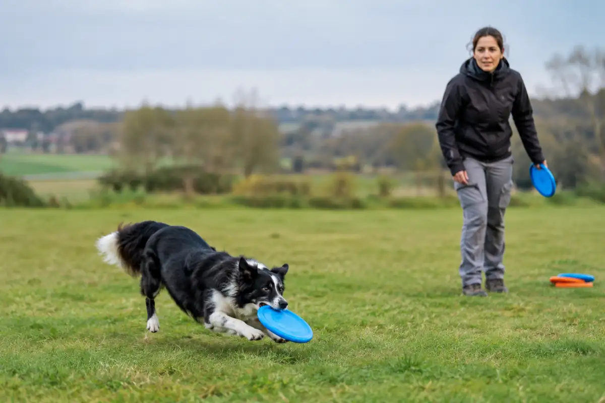 En disc dog, un chien attrape un disque souple lancé à faible hauteur par son partenaire sur un terrain dégagé.
