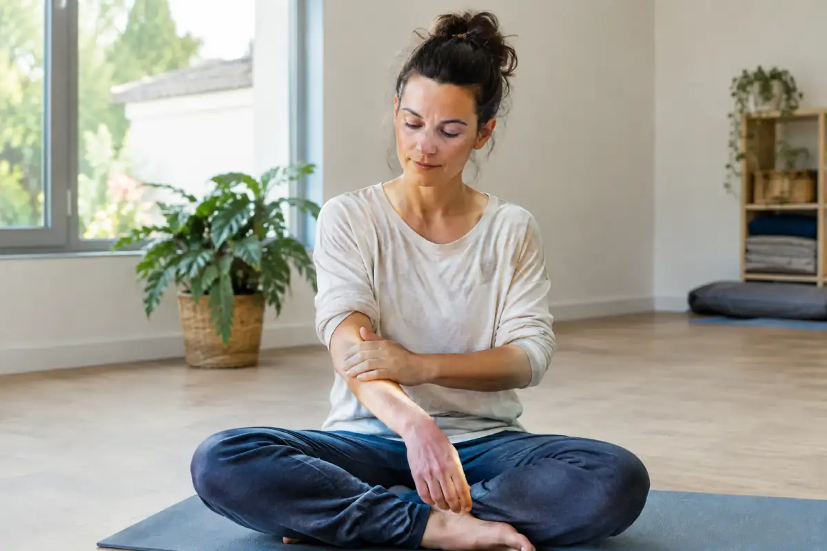 Une personne assise sur un tapis pratique un automassage doux de l’avant-bras lors d’une séance de do-in.