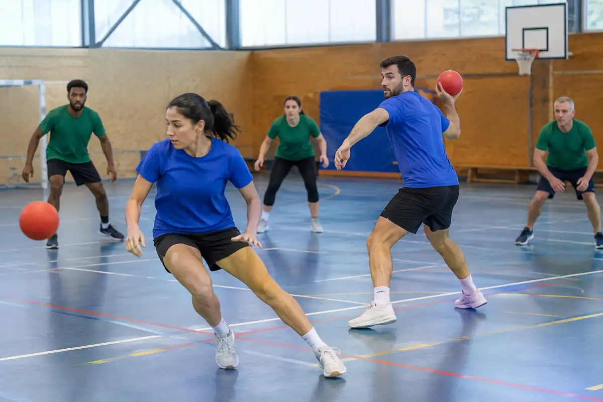 Joueurs de dodgeball en salle esquivant des ballons en mousse pendant un match entre deux équipes.