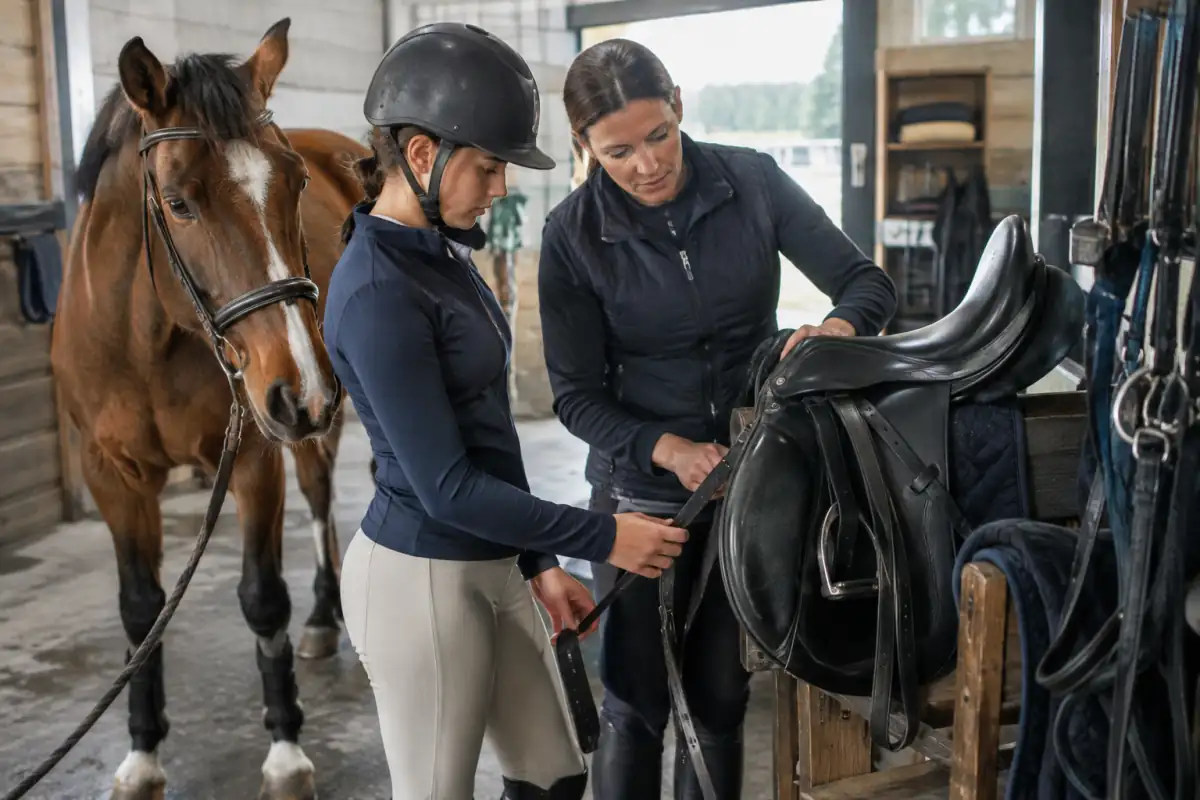 Cavalière débutante vérifiant casque, selle et bride de dressage avec son moniteur avant une séance en club.