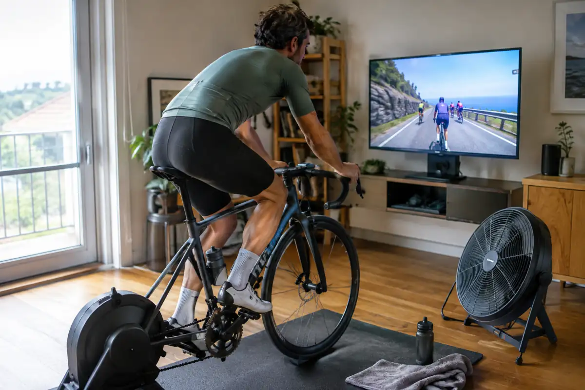 Cycliste pédalant sur un vélo fixé à un home trainer connecté devant un parcours virtuel, avec ventilateur et écran.