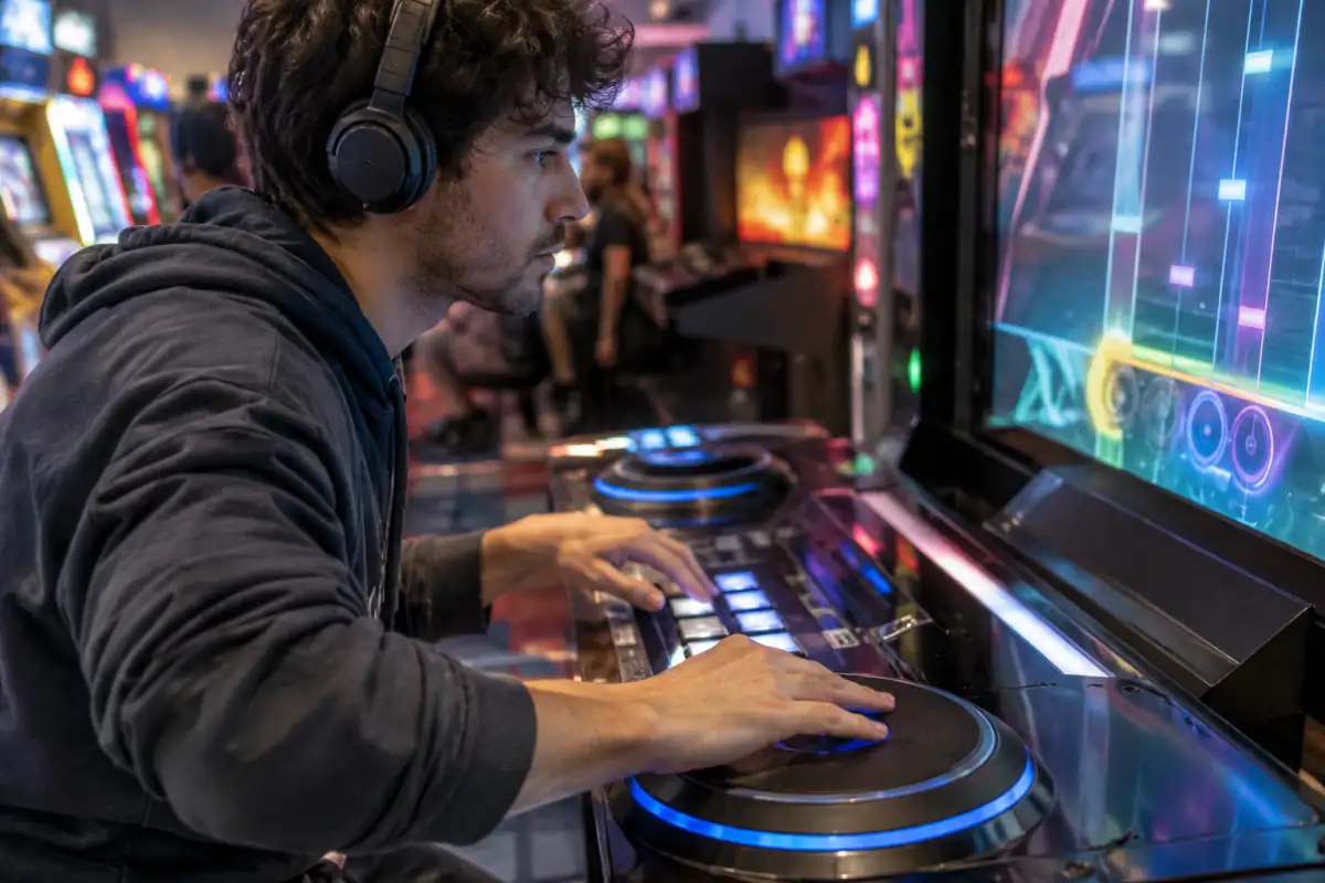 Joueur concentré sur les boutons et le plateau d’une borne d’arcade pendant une partie d’e-sport de jeux de rythme.