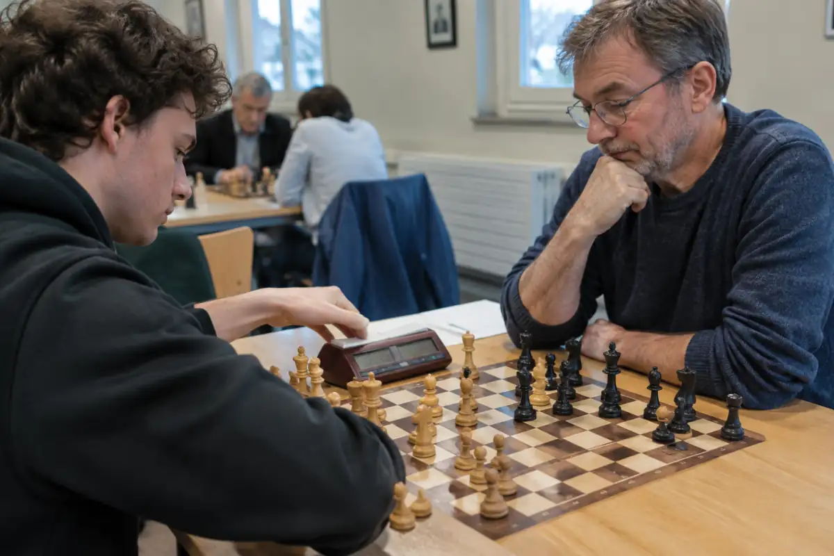 Débutant en club jouant une première partie de blitz et appuyant sur la pendule après avoir déplacé une pièce.