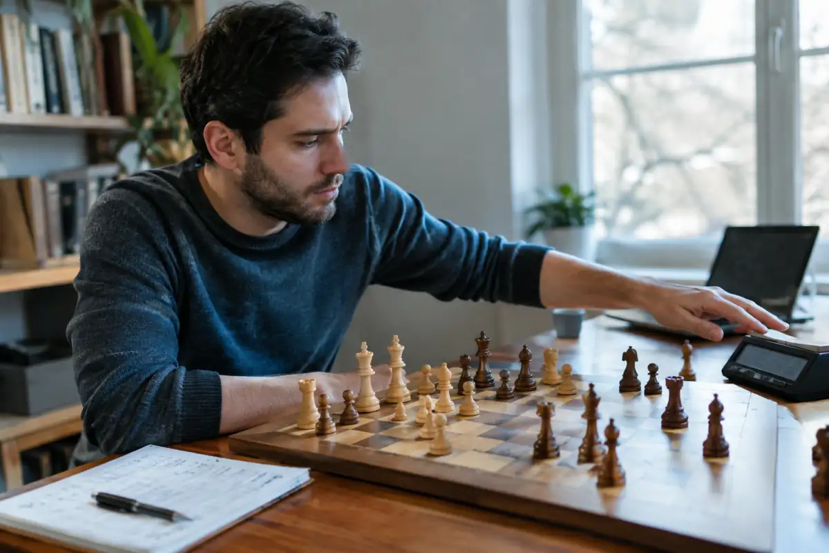 Joueur analysant une position après une partie de blitz, avec un échiquier, une pendule et un carnet d’entraînement.
