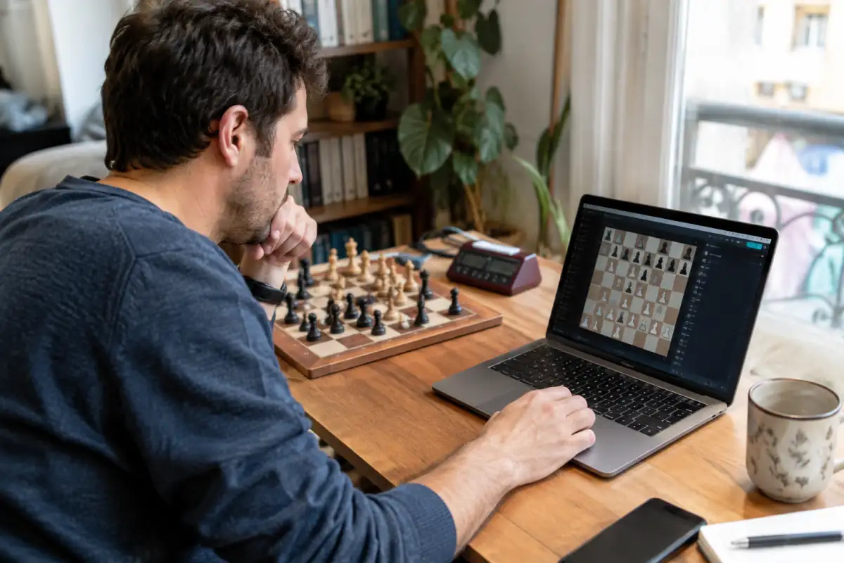 Joueur concentré disputant une partie d’échecs bullet en ligne devant son ordinateur, avec un échiquier et une pendule sur la table.