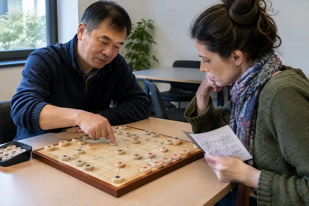 Deux débutants étudient un déplacement de cheval sur un plateau de xiangqi, avec les pièces posées aux intersections.