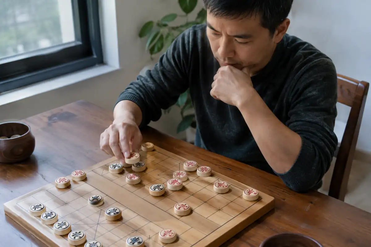 Joueur étudiant une position de xiangqi sur un plateau, avec un canon visant au-delà d’une pièce écran et un cheval à analyser.
