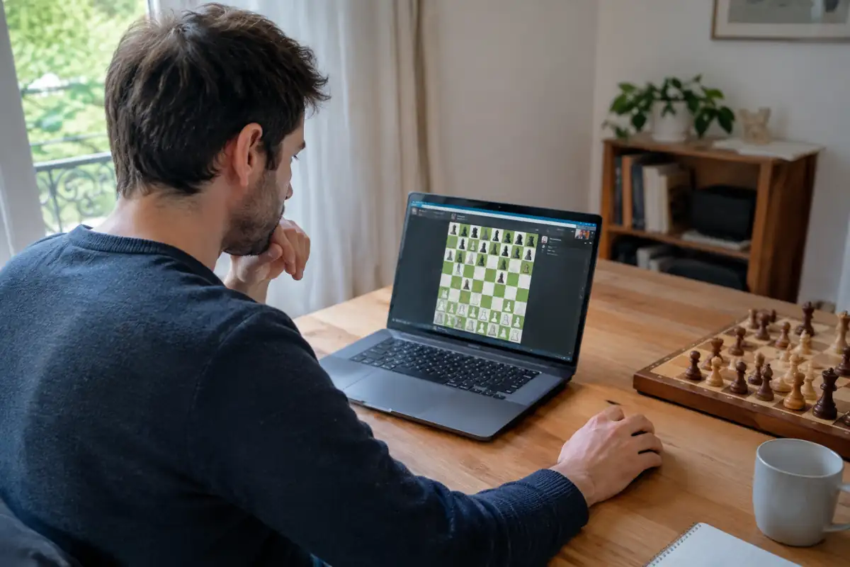 Un joueur dispute une partie d’échecs rapides en ligne sur un ordinateur, avec l’échiquier numérique affiché à l’écran.
