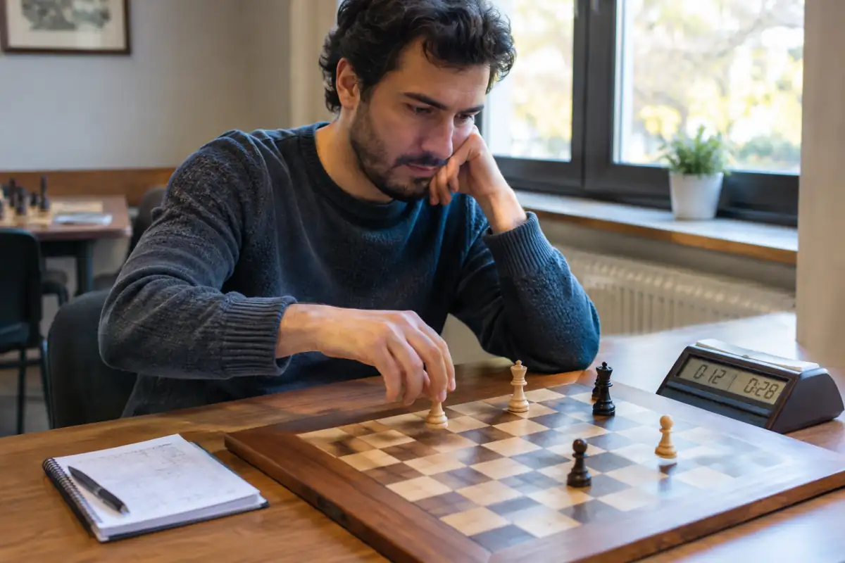 Joueur travaillant une finale de tours sur un échiquier avec une pendule, pendant une séance d’entraînement aux échecs rapides.