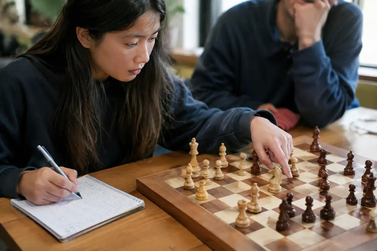Un débutant suit la notation sur une feuille tandis qu’il repère une fourchette de cavalier sur un échiquier correctement orienté.