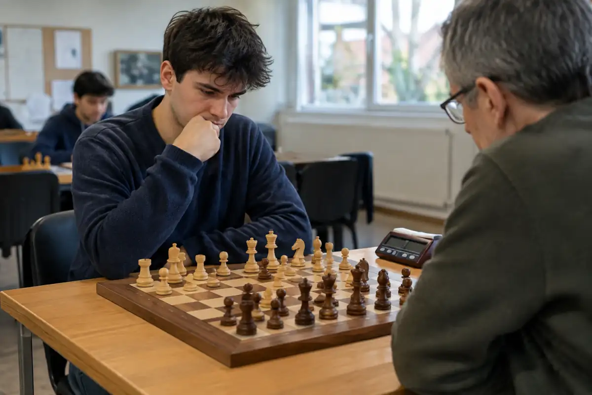 Deux joueurs étudient une position de départ tirée au sort sur un échiquier d’échecs960 dans un club.