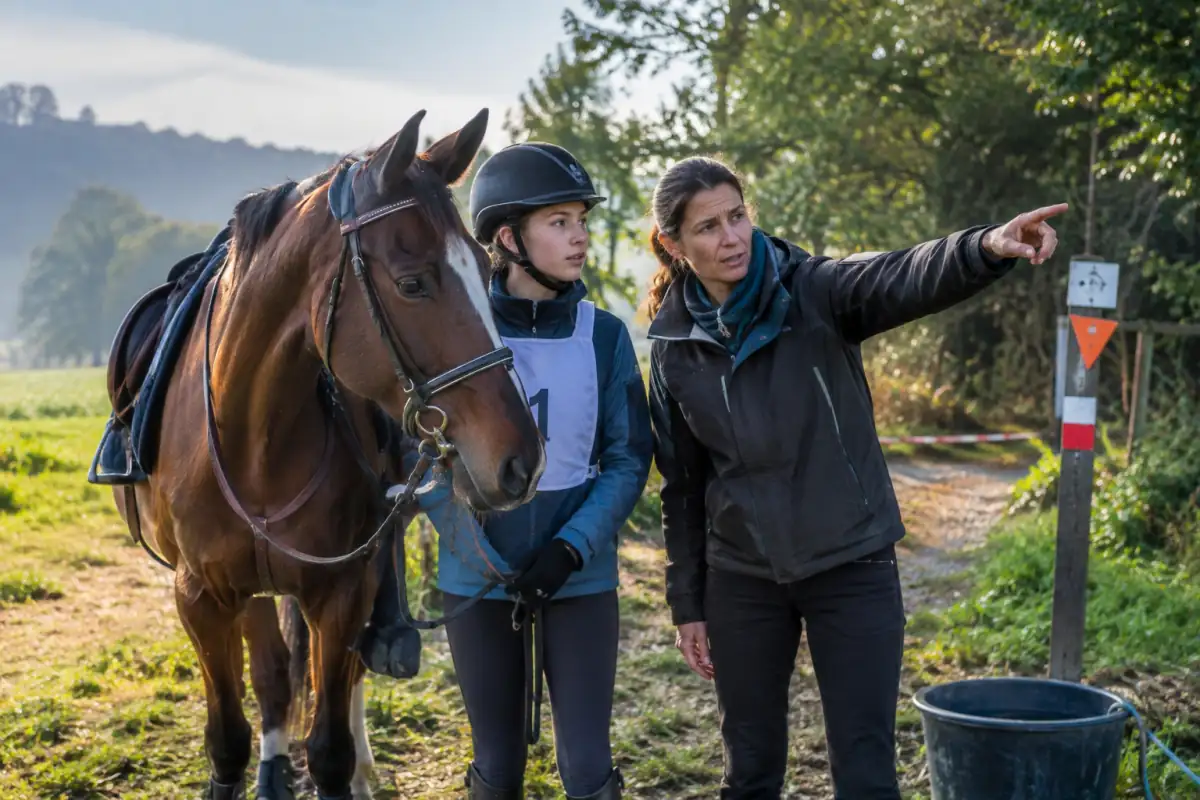 Un moniteur explique le parcours à un cavalier débutant près d’un cheval sellé avant une sortie d’endurance en club.