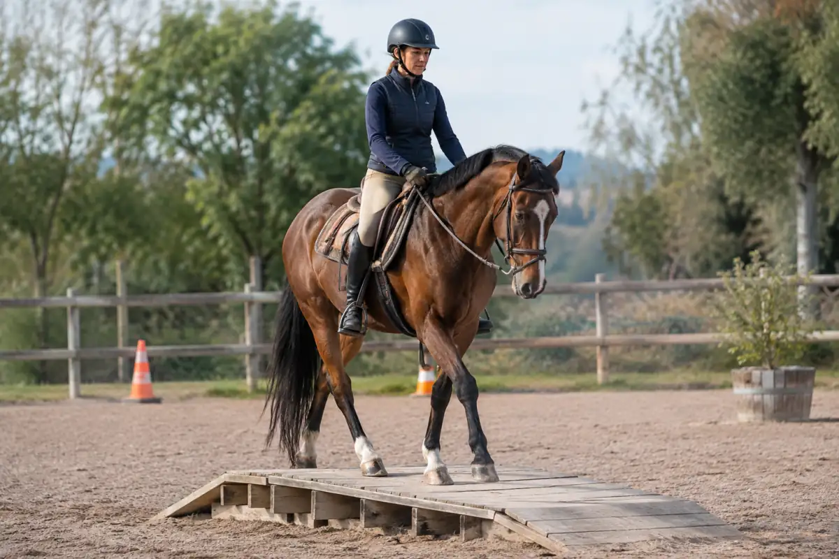 Cavalier guidant son cheval au pas sur un pont d’obstacle lors d’un parcours d’équitation de travail en carrière.