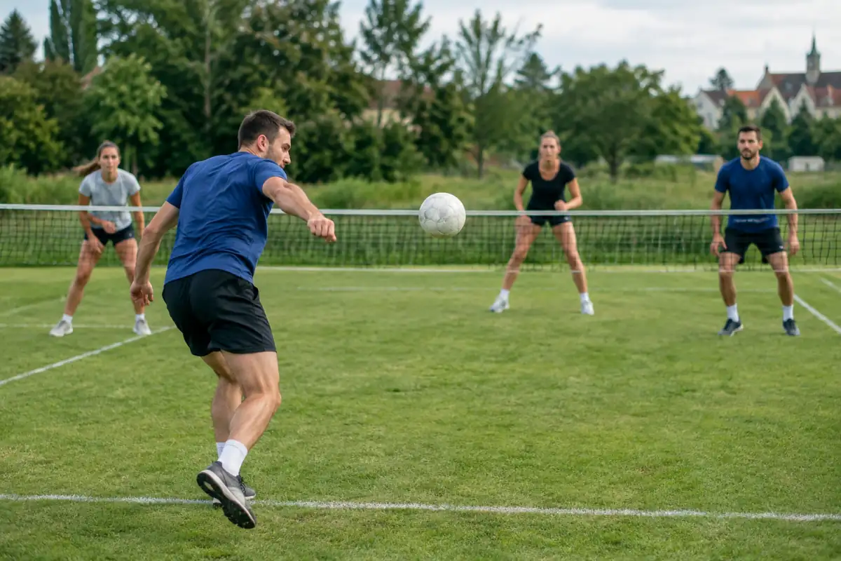 Joueuse de fistball frappe le ballon de l’avant-bras au-dessus du filet lors d’un échange en plein air.