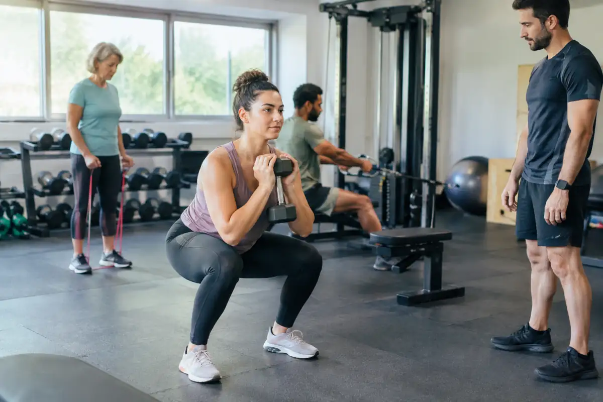 Séance de fitness en salle : une débutante réalise un squat avec haltère sous le regard d’un coach.