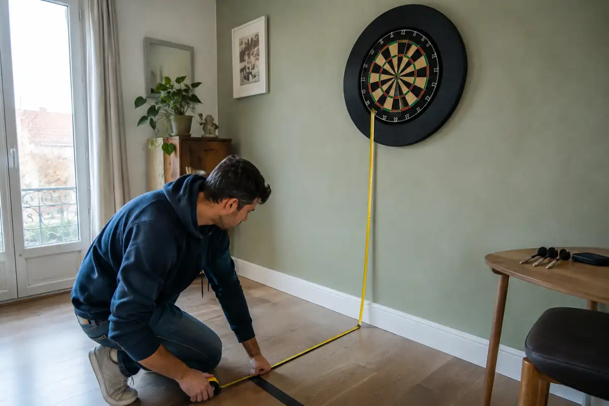 Installation d’une cible en sisal protégée au mur, avec mètre ruban et fléchettes acier pour vérifier les repères de jeu.
