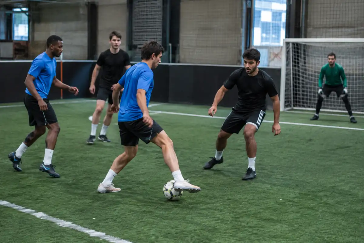 Match de football à 5 sur gazon synthétique : un joueur effectue une passe courte tandis que ses partenaires se démarquent.