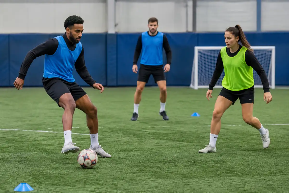 Exercice de contrôle orienté au football à 5 : un joueur reçoit en triangle pendant que son partenaire se démarque.