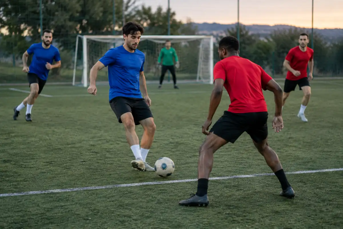 Action de football à 7 sur un terrain synthétique, un joueur conduit le ballon tandis qu’un adversaire tente de le défendre.