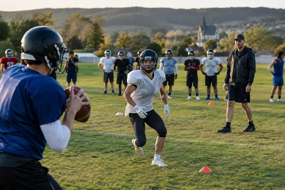 Un débutant court une route de receveur et se prépare à attraper une passe pendant un entraînement de football américain.
