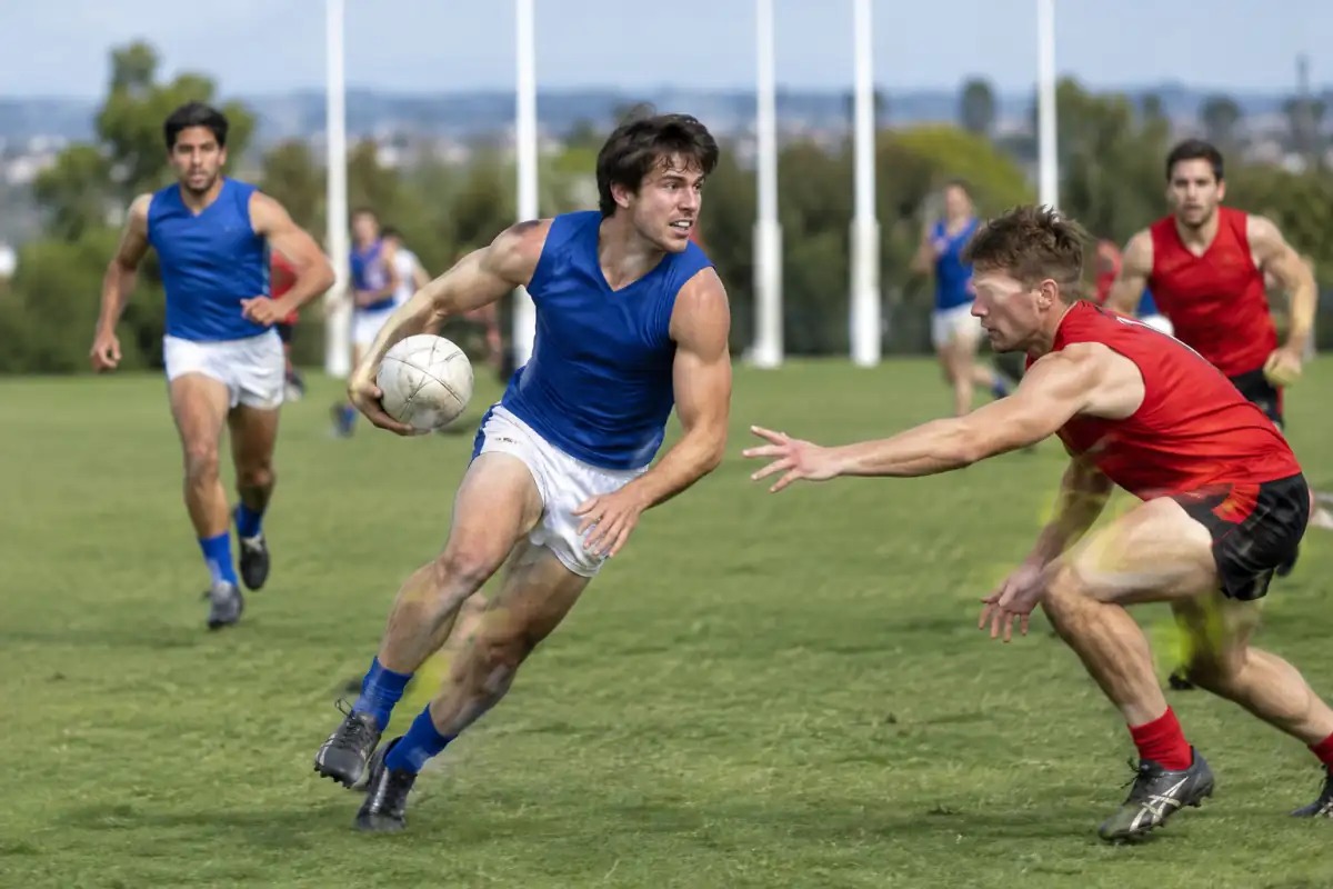 Action de football australien international sur terrain ovale : un porteur du ballon rond esquive un plaquage face à ses adversaires.