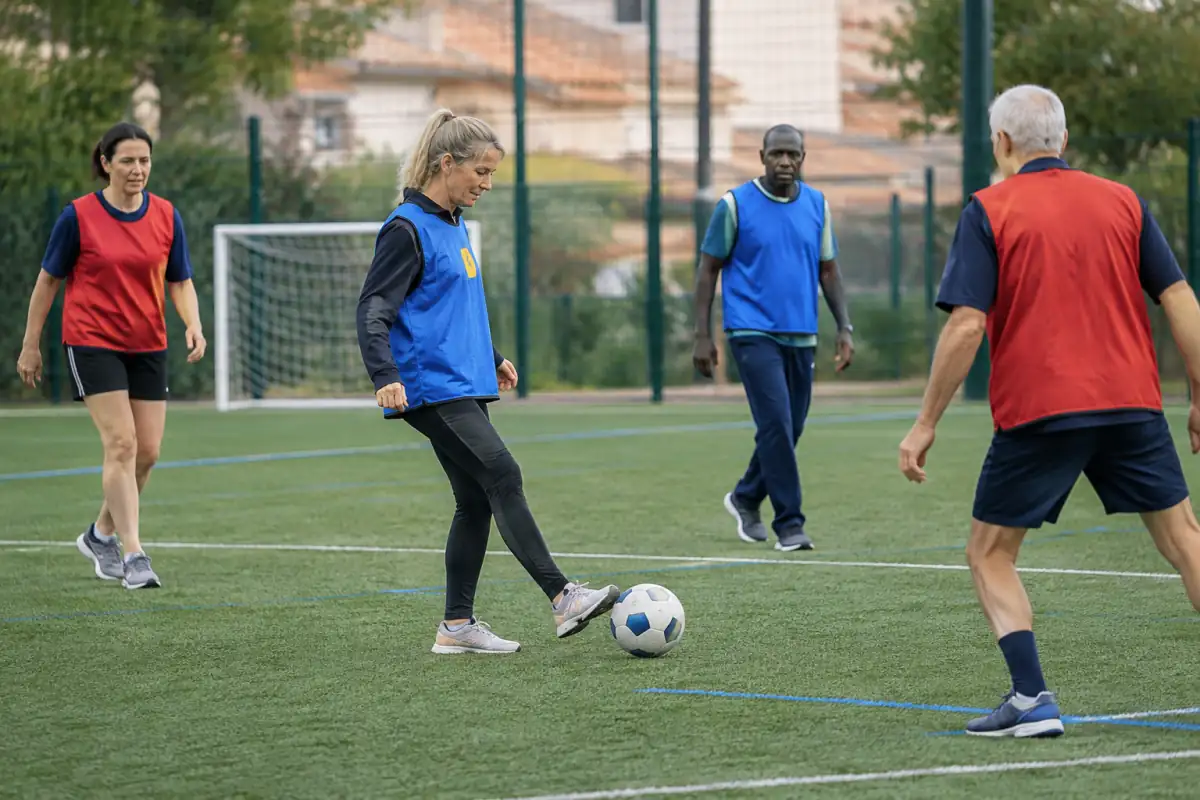 Séance de football en marchant en France : des joueurs avancent au pas sur un terrain synthétique, ballon au pied et sans contact.