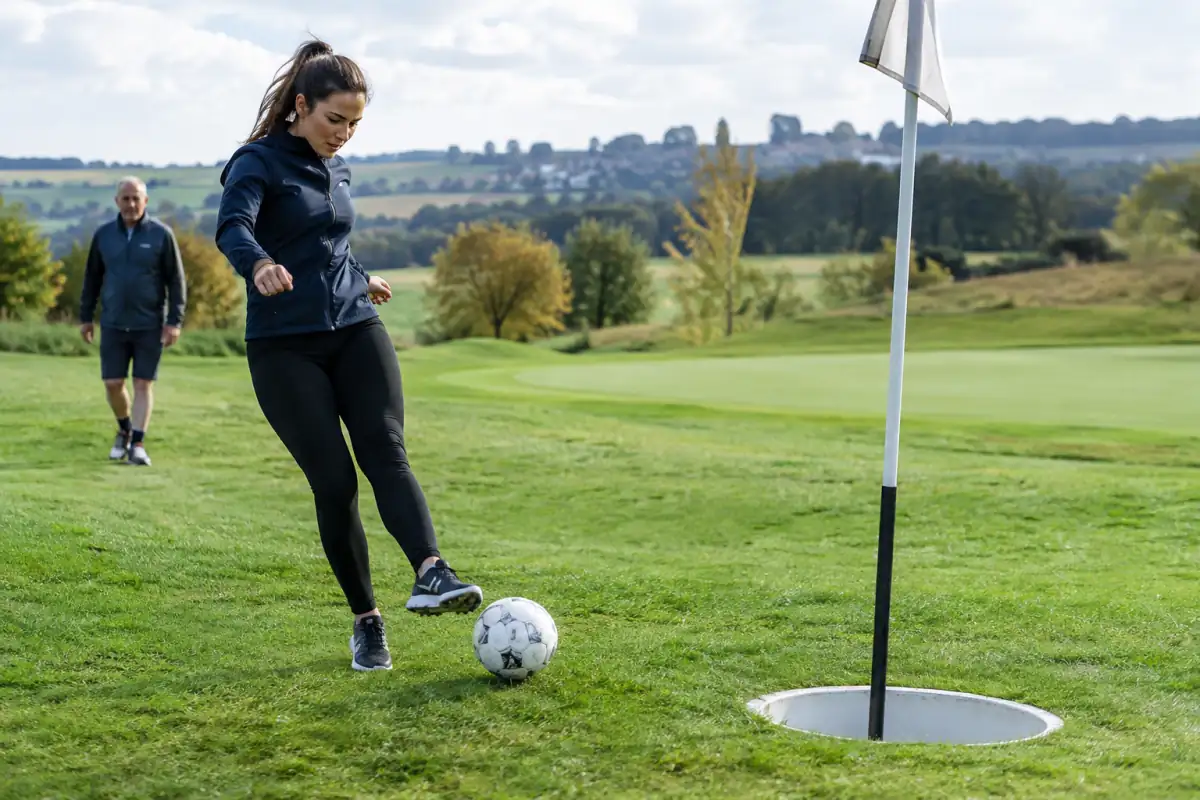Joueur frappant un ballon de football vers un trou adapté sur un parcours de footgolf en herbe.