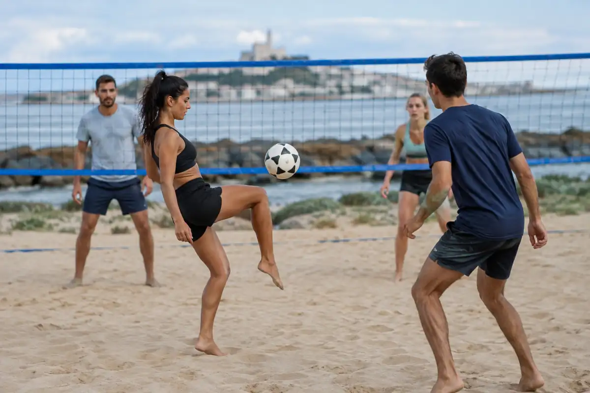 Échange de footvolley sur le sable : un joueur contrôle le ballon avec la cuisse tandis que son partenaire se replace.