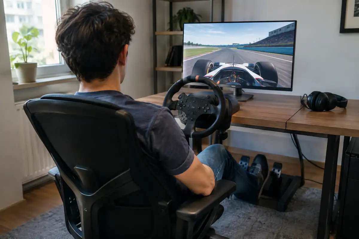 Poste de simulation F1 pour débutant avec volant fixé au bureau, pédalier stable, siège réglable, écran et casque audio.