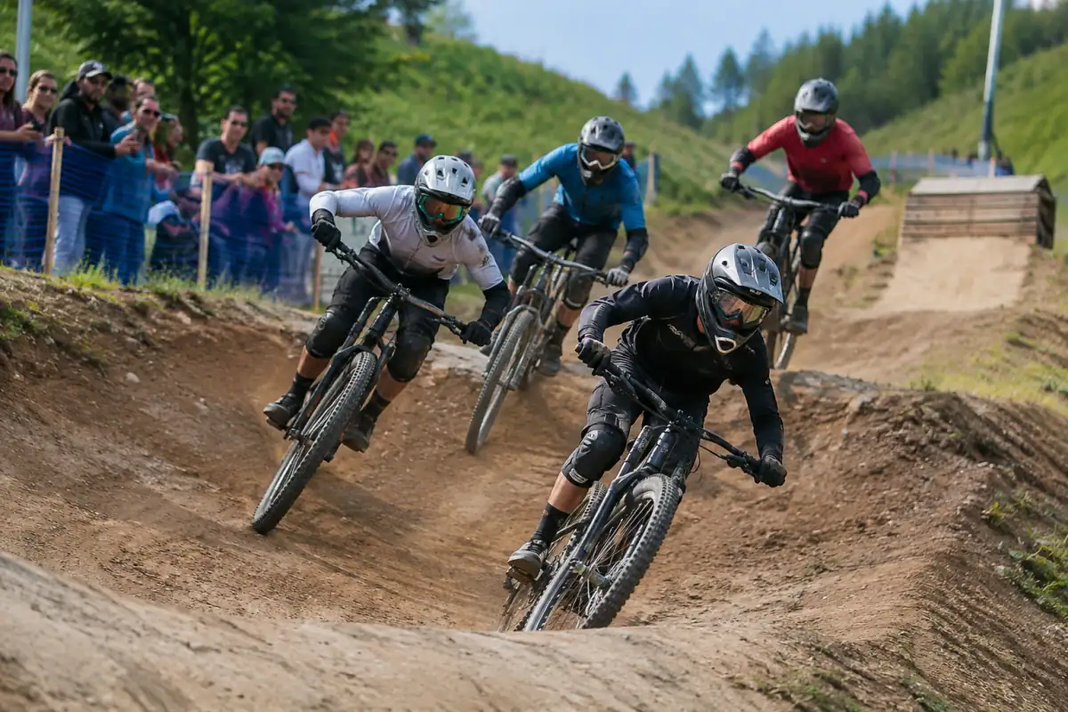 Quatre pilotes casqués s’affrontent en four-cross dans un virage relevé d’une piste de VTT extérieure.