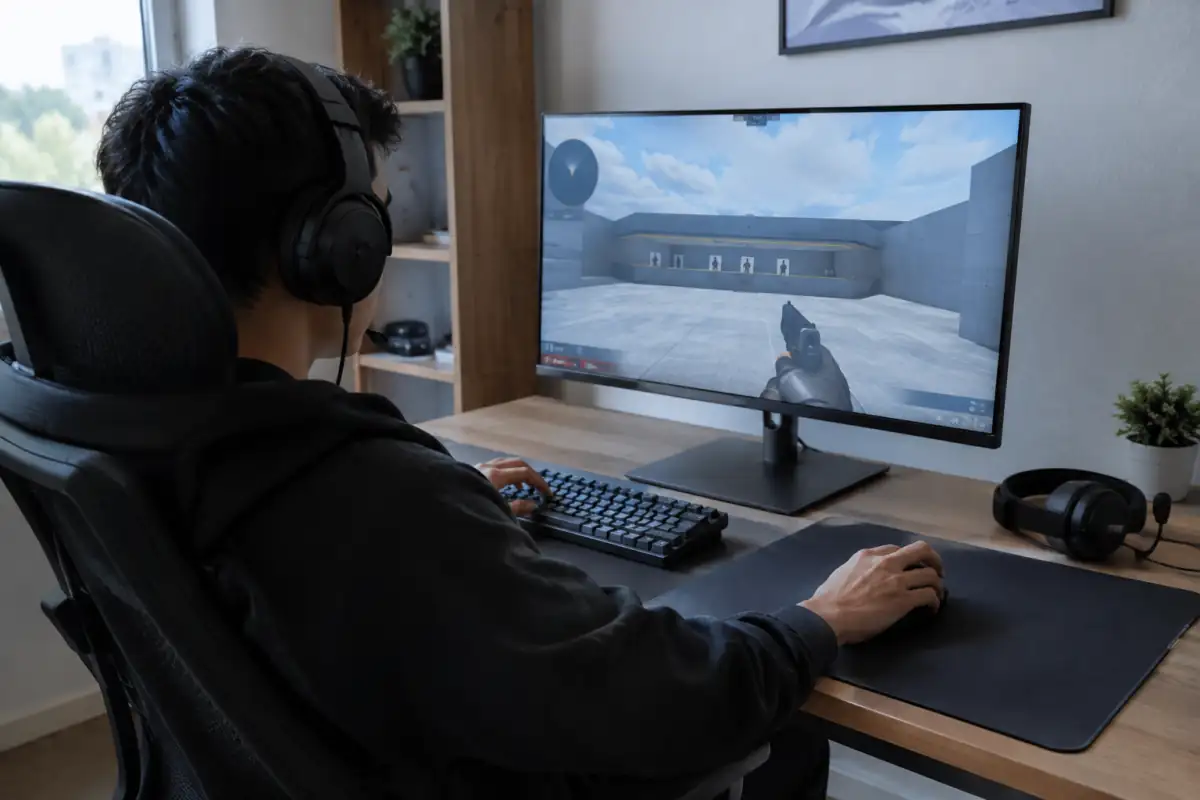 Installation de débutant pour FPS esport : souris sur grand tapis, écran de jeu et casque-micro posés près du clavier.