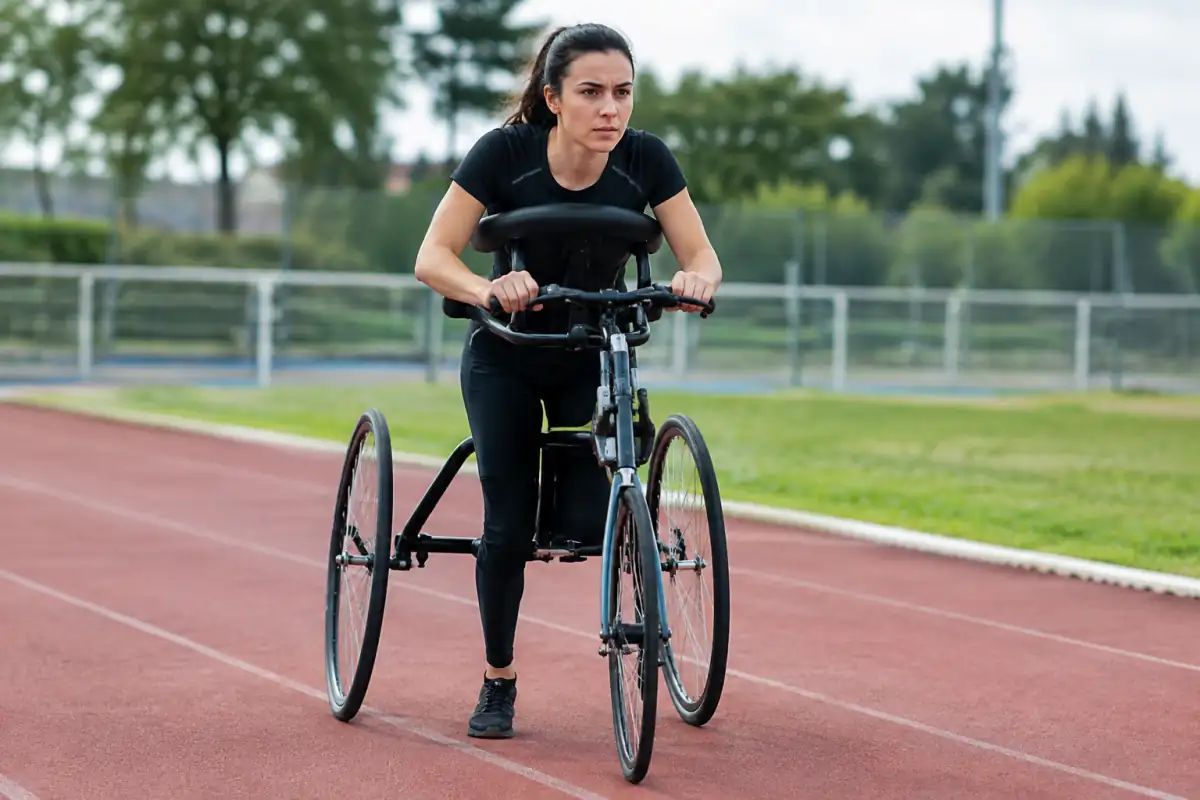 Une athlète propulse un cadre de frame running à trois roues avec ses jambes sur une piste d’athlétisme.