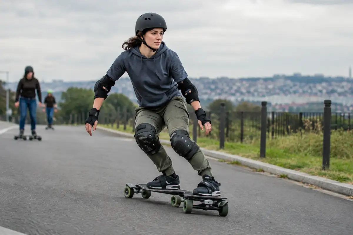 Un pratiquant casqué et protégé effectue un virage en Freebord sur une chaussée lisse fermée à la circulation.