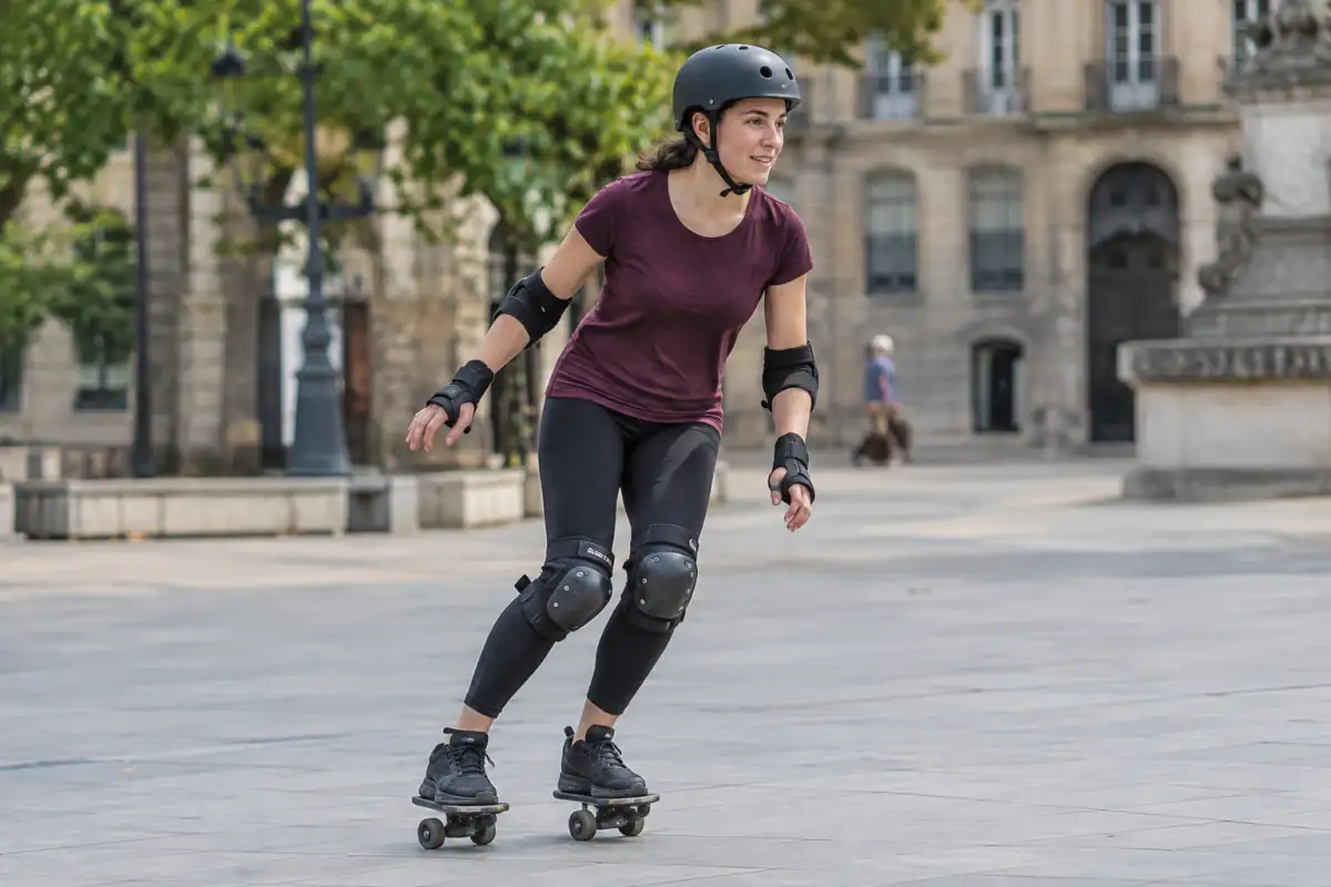 Pratiquant en casque et protections effectuant un virage contrôlé en Freeline skating sur deux plateformes indépendantes.