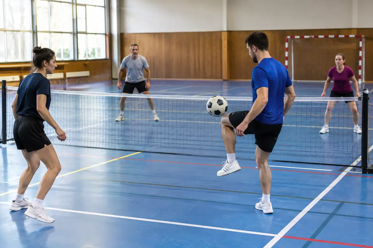 Échange de futnet en double dans une salle : un joueur contrôle le ballon de la cuisse avant de le renvoyer au-dessus du filet.