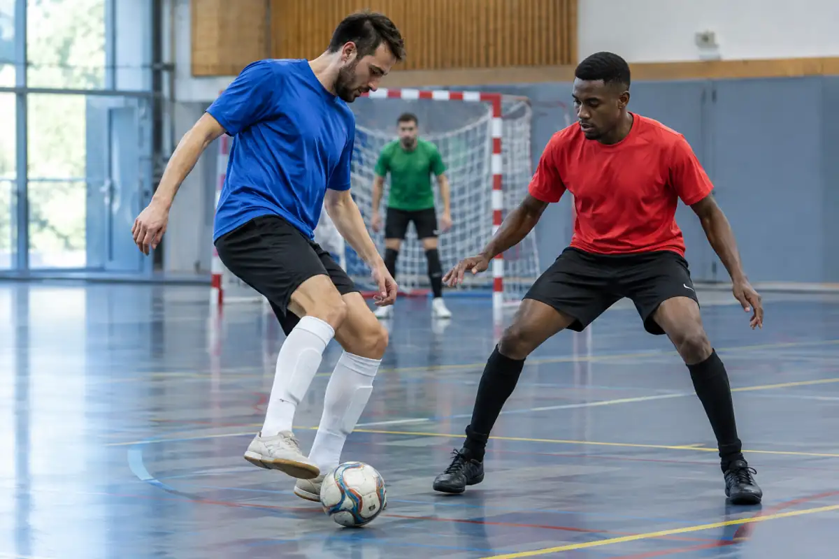Deux joueurs se disputent un ballon à faible rebond sur un terrain de futsal intérieur, dans un gymnase marqué.