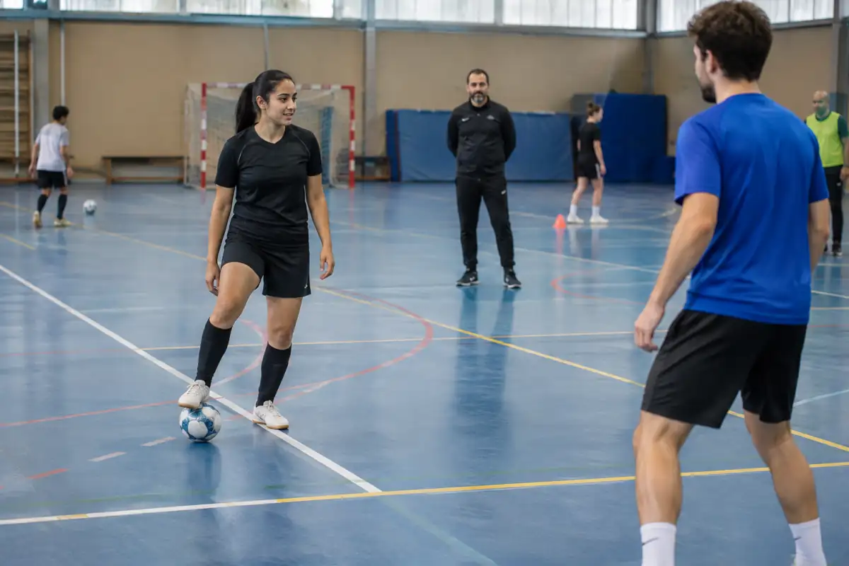 Une débutante contrôle le ballon sous la semelle pendant un atelier de futsal en salle, avec un partenaire disponible à quelques mètres.