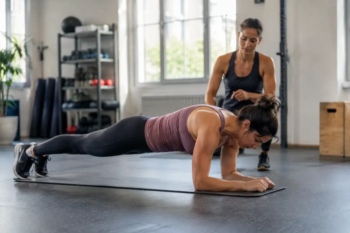 Gainage en planche sur les avant-bras : une sportive maintient le corps aligné sur un tapis dans une salle de fitness.