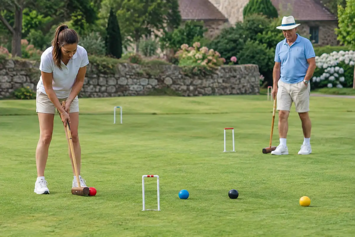 Deux joueurs de golf croquet alignent leur maillet pour envoyer une balle colorée vers un arceau sur une pelouse tondue.