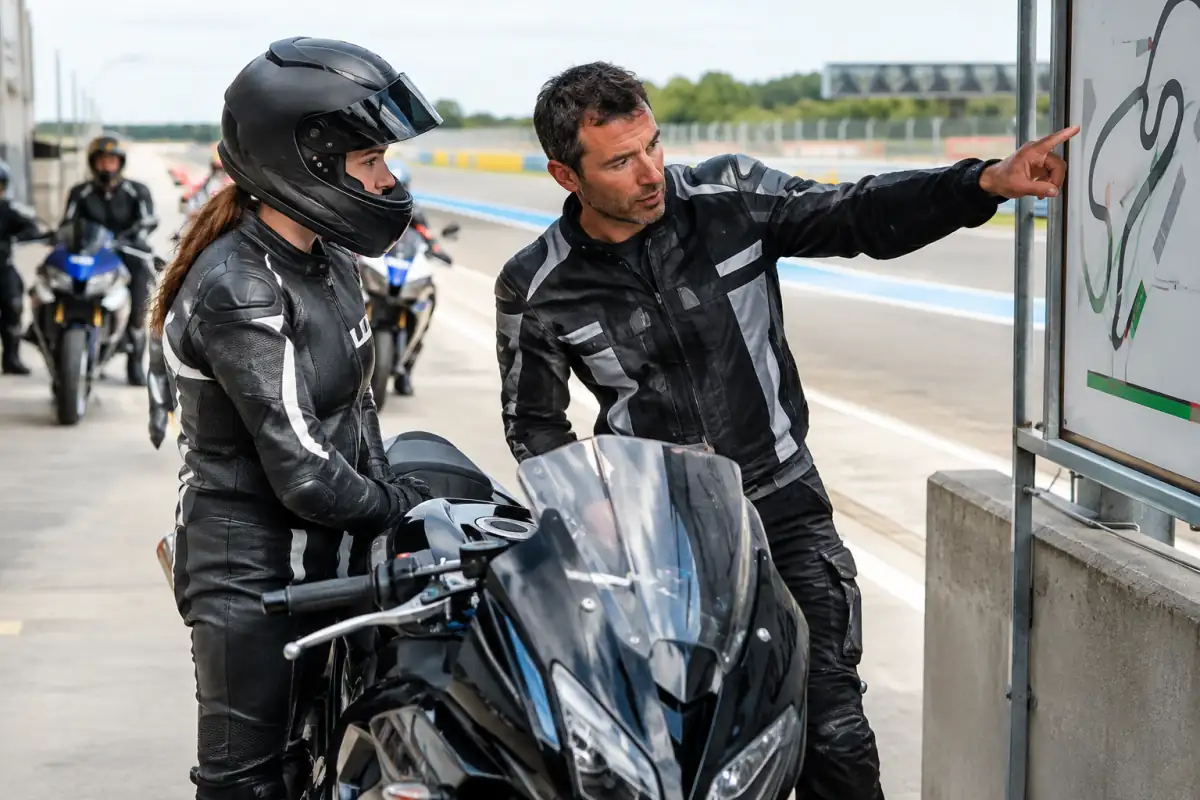 Un moniteur explique la sortie des stands à un débutant avant sa première séance de moto sur circuit en France.