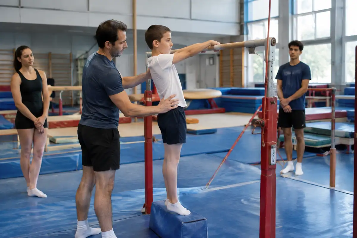 Un entraîneur explique une première prise en main de la barre basse à un débutant dans une salle de gymnastique équipée de tapis.