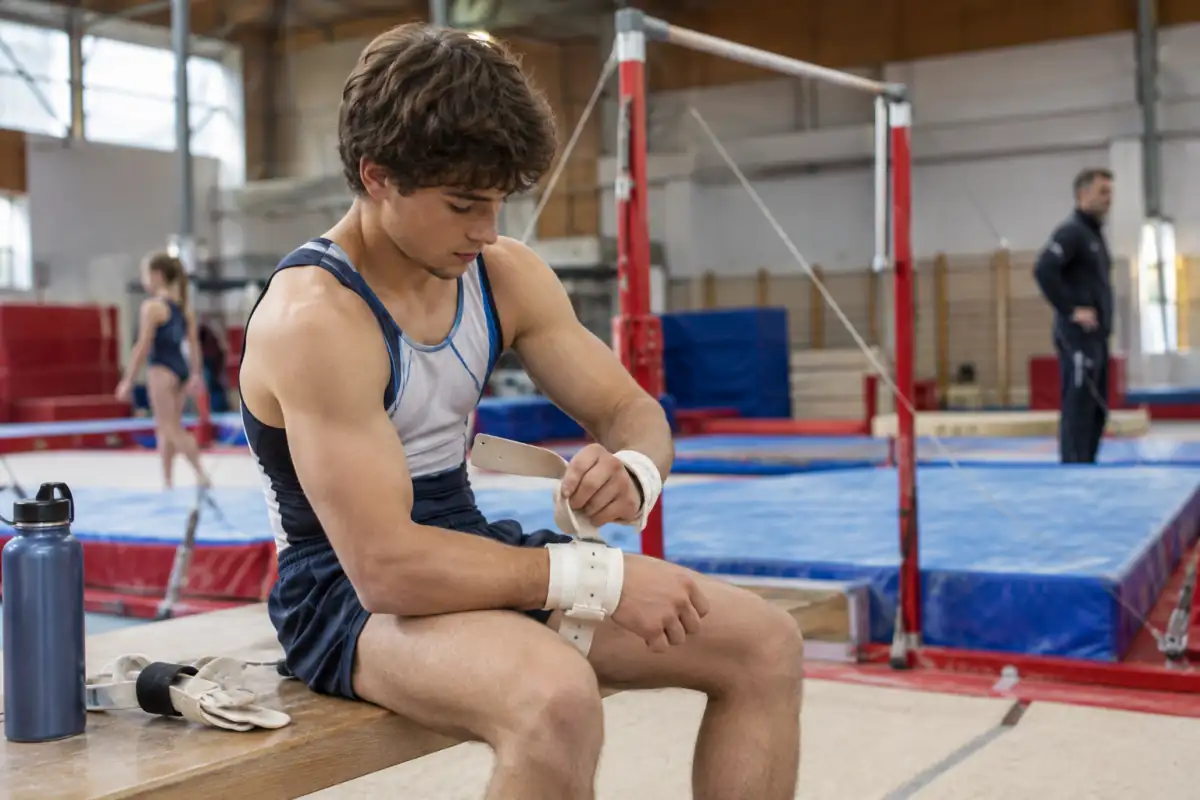 Gymnaste en tenue ajustant une manique en cuir au poignet avant un entraînement à la barre fixe dans une salle de club.