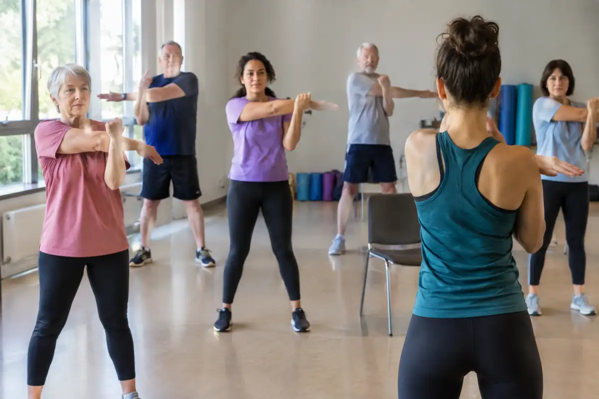Un groupe d’adultes suit un exercice de mobilité des bras pendant un cours de gymnastique d’entretien en salle.